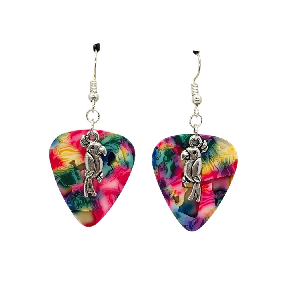 Parrot Tropical Bird Charm Guitar Pick Earrings - Choose Color - Handmade in USA